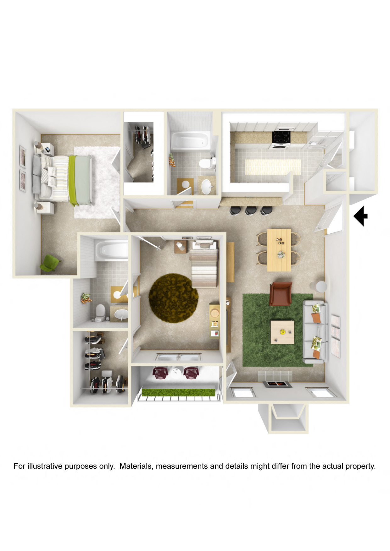 Floor plan for 2 beds, 2 baths, 1100 sqft